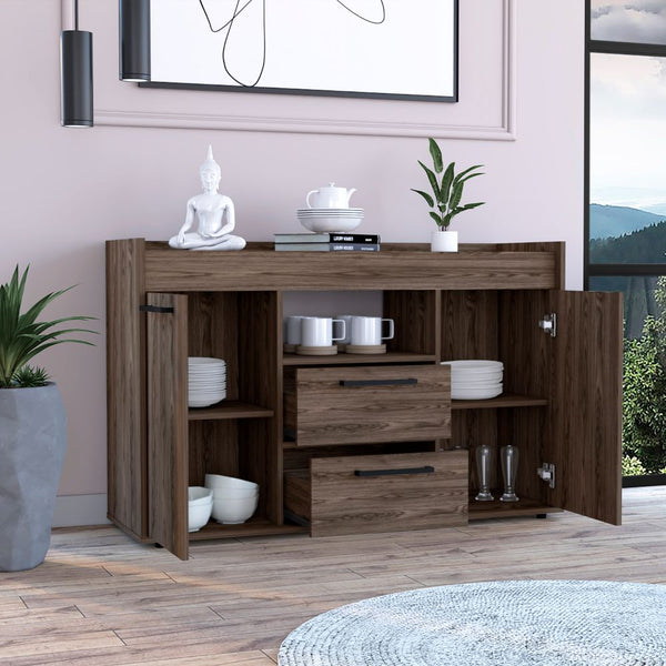 English Elm Chapella Dark Walnut 2-Drawer Sideboard with 2 Doors, 6 Shelves — Elegant Modern Storage Console for Dining Room Decor B062S00064