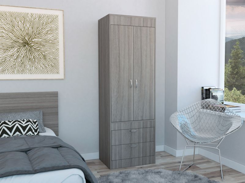 English Elm Light Gray 2-Drawer Armoire with Hanging Rod and Shelves — Slim Tall Storage for Clothing & Accessories B062P202116