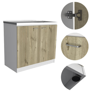 English Elm White White and Light Oak Rectangle 2-Door Utility Sink and Cabinet with Spacious Storage Workspace B062S00145