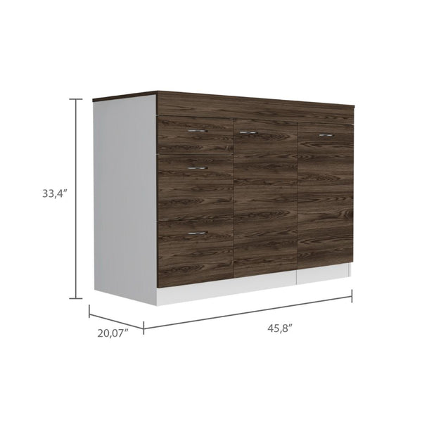 English Elm Laurel 3-Drawer Convertible L-Shaped Kitchen Island in White & Dark Walnut — Durable Hardware, Ample Storage and Spacious Countertop Design B062S00066