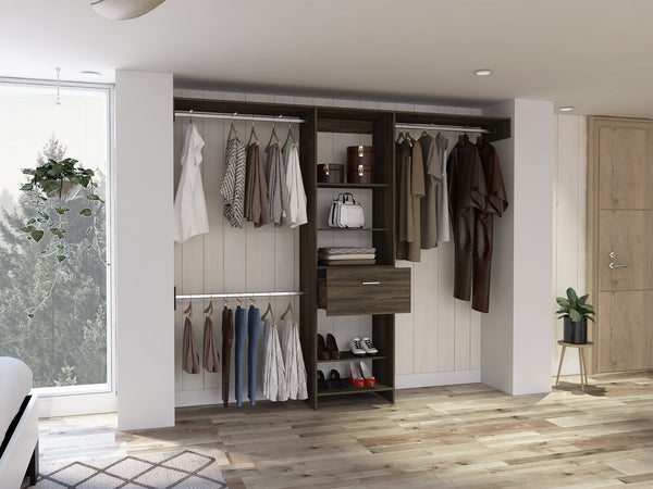 English Elm Calveston Dark Walnut Closet System with 1 Drawer, 4 Shelves & 3 Metal Support Rods — Luxe Storage Solution B062S00033