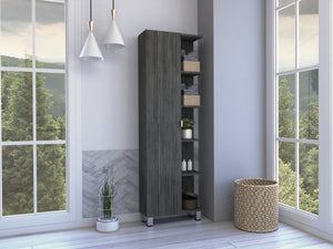 English Elm Smokey Linen Cabinet with 5 Open Shelves & Concealed Storage, 62" Tall Smokey Oak Bathroom Organizer B06280252