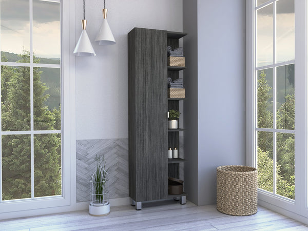 English Elm Smokey Linen Cabinet with 5 Open Shelves & Concealed Storage, 62" Tall Smokey Oak Bathroom Organizer B06280252