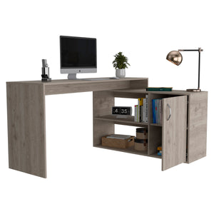 English Elm Ridley L-Shaped Writing Desk with Dual Shelves and Cabinet Spacious Corner Workspace for Home Office Light Gray B062S00011