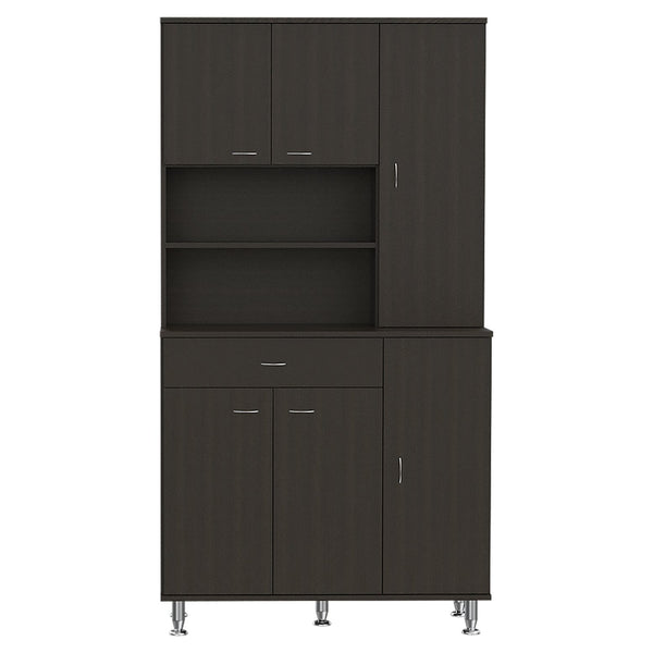 English Elm 1-Shelf Wenge Pantry Cabinet with 1 Drawer, 9 Shelves & 6 Doors — Tall 66.5" Storage Hutch for Kitchen and Dining (35.4" W x 13.7" D) B062S00129