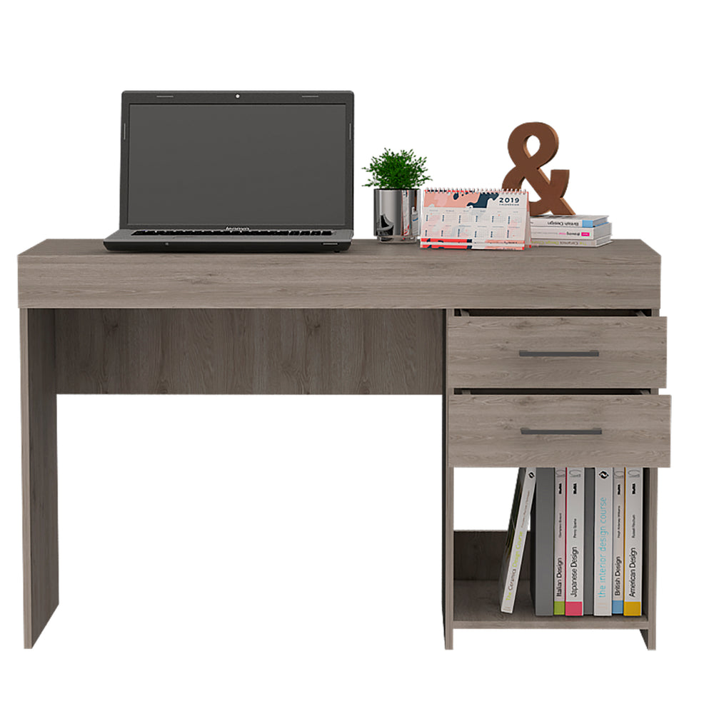 English Elm Berkeley Linear 1-Shelf 2-Drawer Computer Desk in Light Grey — Elegant, Spacious Workspace with Storage B06280020