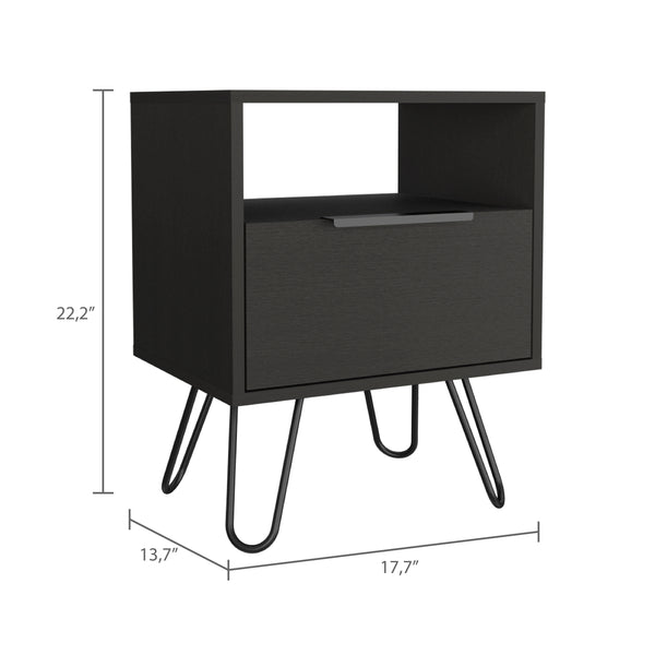 English Elm Wenge Hairpin Leg Nightstand with Drawer and Shelf — Modern Industrial Accent Table for Bedroom Storage B06280479