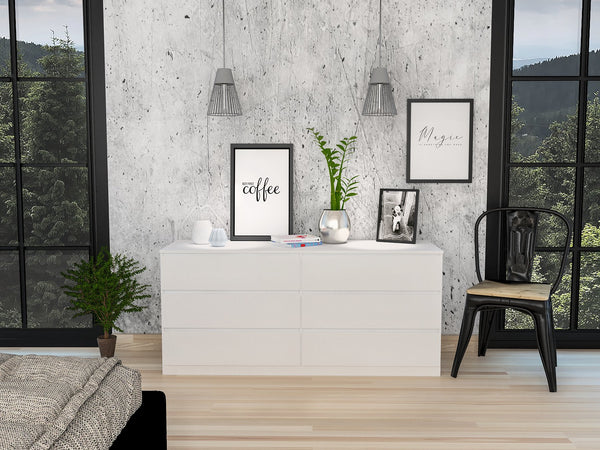 English Elm White 6-Drawer Rectangle Dresser — Spacious White Storage Chest with Smooth Metal Rails, Classic Style B062S00153