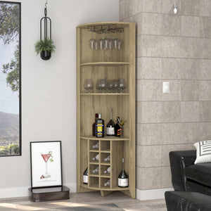 English Elm Morgana Corner Bar Cabinet with 8 Wine Cubbies, 5 Shelves & Cup Rack — Macadamia Finish Elegance Beige B062S00018