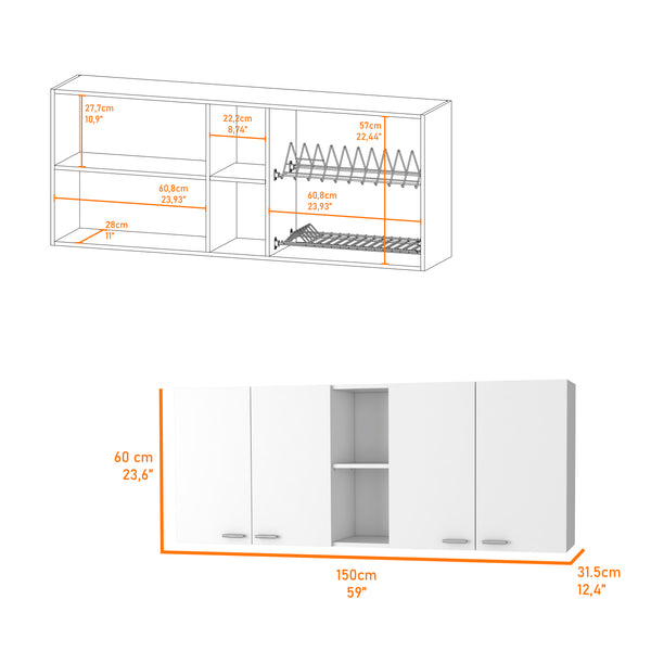 English Elm Menlo 59-Inch Four Swing Doors Wall Cabinet White — Spacious 6-Shelf Storage with Dual Glass Display Doors and Bright Finish for Master Bath B06280516