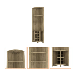 English Elm Morgana Corner Bar Cabinet with 8 Wine Cubbies, 5 Shelves & Cup Rack — Macadamia Finish Elegance Beige B062S00018