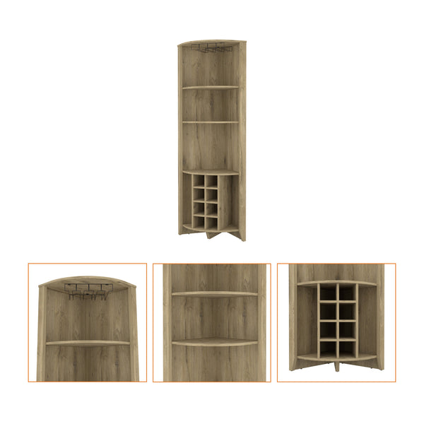English Elm Morgana Corner Bar Cabinet with 8 Wine Cubbies, 5 Shelves & Cup Rack — Macadamia Finish Elegance Beige B062S00018