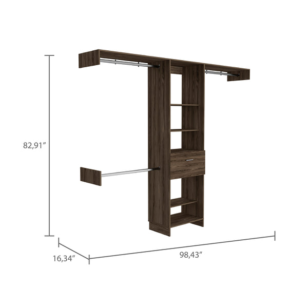 English Elm Calveston Dark Walnut Closet System with 1 Drawer, 4 Shelves & 3 Metal Support Rods — Luxe Storage Solution B062S00033