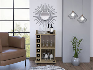 English Elm Savannah Carbon Espresso 3-Shelf Bar Cart with Glass Door, 6-Bottle Wine Storage & Locking Wheels Light Oak B06280471