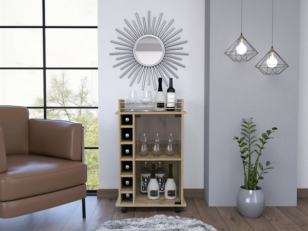 English Elm Savannah Carbon Espresso 3-Shelf Bar Cart with Glass Door, 6-Bottle Wine Storage & Locking Wheels Light Oak B06280471