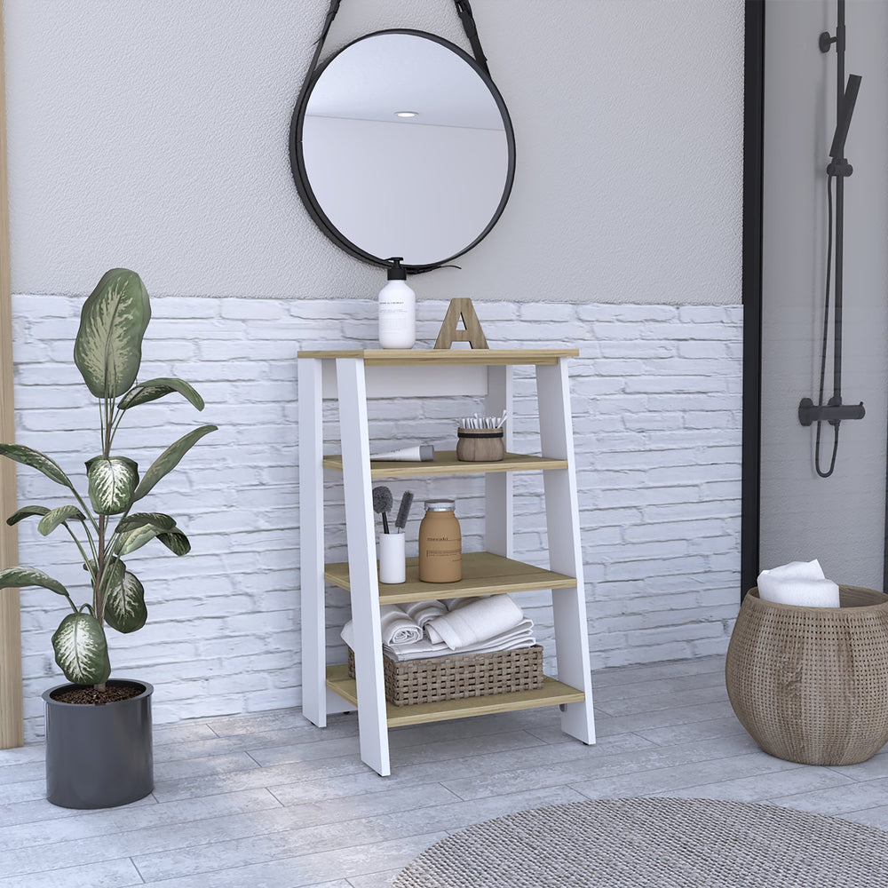 English Elm Nashua 4-Shelf Linen Cabinet in Light Oak & White with Adjustable Shelf, Stable Legs, Stylish Storage B06280362
