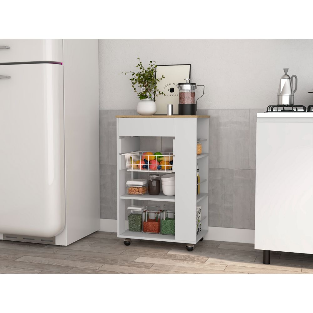 English Elm White 5-Shelf Kitchen Cart with Drawer and Caster Wheels, White & Light Oak Storage Organizer for Countertop Declutter and Mobile Kitchen Utility B062S00125