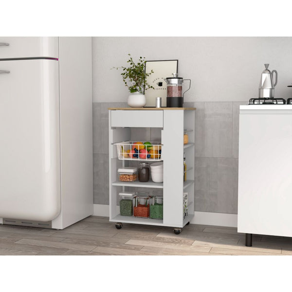 English Elm White 5-Shelf Kitchen Cart with Drawer and Caster Wheels, White & Light Oak Storage Organizer for Countertop Declutter and Mobile Kitchen Utility B062S00125
