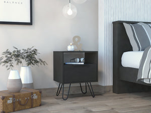 English Elm Wenge Hairpin Leg Nightstand with Drawer and Shelf — Modern Industrial Accent Table for Bedroom Storage B06280479