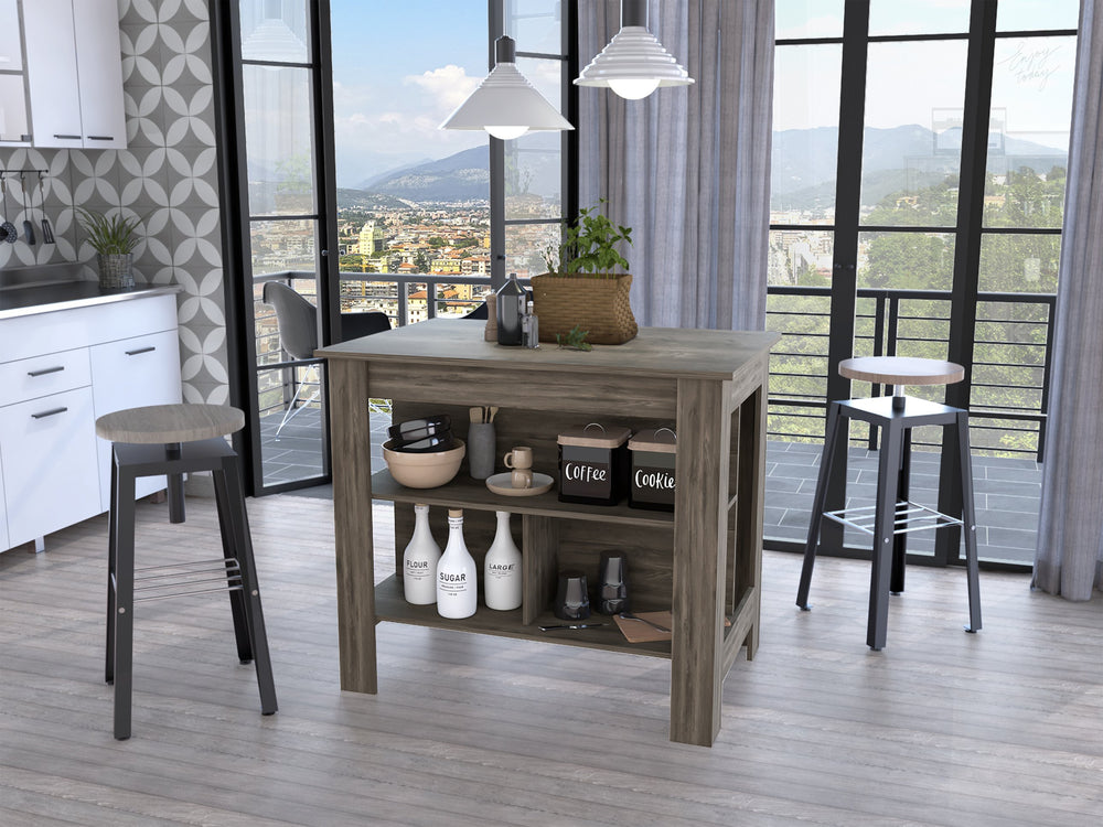English Elm Dark Dark Brown 3-Shelf Kitchen Island with Wide Prep Top, Open Storage Shelves, Compact 40.5"W Organizer B06280053