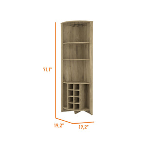 English Elm Morgana Corner Bar Cabinet with 8 Wine Cubbies, 5 Shelves & Cup Rack — Macadamia Finish Elegance Beige B062S00018
