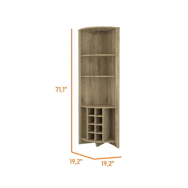 English Elm Morgana Corner Bar Cabinet with 8 Wine Cubbies, 5 Shelves & Cup Rack — Macadamia Finish Elegance Beige B062S00018
