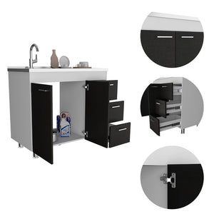 English Elm 3-Drawer White and Wengue Base Cabinet with Pre-Drilled Faucet Hole, 3 Drawers & 2 Doors, 39.37" wide B062S00040