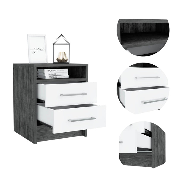 English Elm Smokey 2-Drawer Nightstand in Oak & White Finish with 1 Shelf — Compact Rectangular Storage Accent B06280355