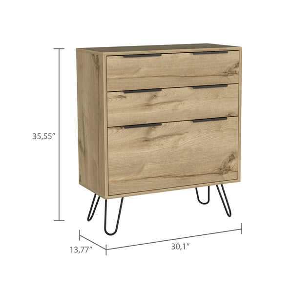English Elm Kirsage 3-Drawer Dresser in Light Oak with Steel Legs — Compact, Durable Storage for Bedroom or Office (98) B06280380