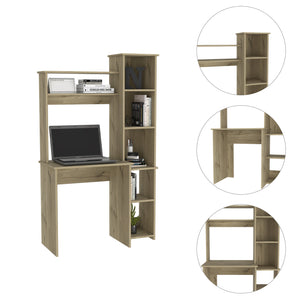 English Elm Light Oak 6-Shelf Writing Desk with Built-in Bookcase and Spacious Shelves, Sturdy Manufactured Wood Finish B06280289