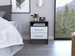English Elm Smokey 2-Drawer Nightstand in Oak & White Finish with 1 Shelf — Compact Rectangular Storage Accent B06280355