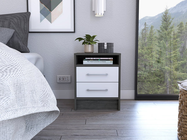 English Elm Smokey 2-Drawer Nightstand in Oak & White Finish with 1 Shelf — Compact Rectangular Storage Accent B06280355