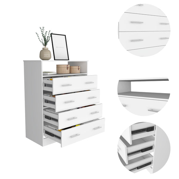 English Elm Dover Four-Drawer Rectangle Dresser with Open Shelf and Metal Hardware — Modern Storage for Bedroom Elegance White B062S00072