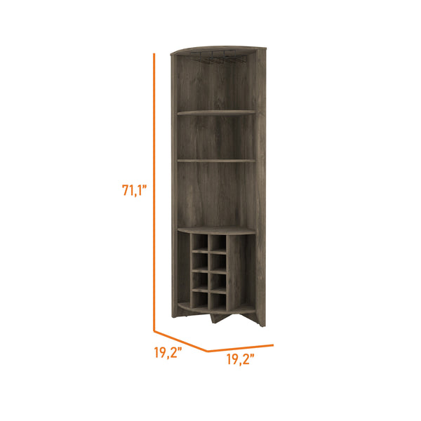 English Elm Morgana Corner Bar Cabinet with 8 Wine Cubbies, 5 Shelves & Cup Rack — Macadamia Finish Elegance Dark Brown B062S00019