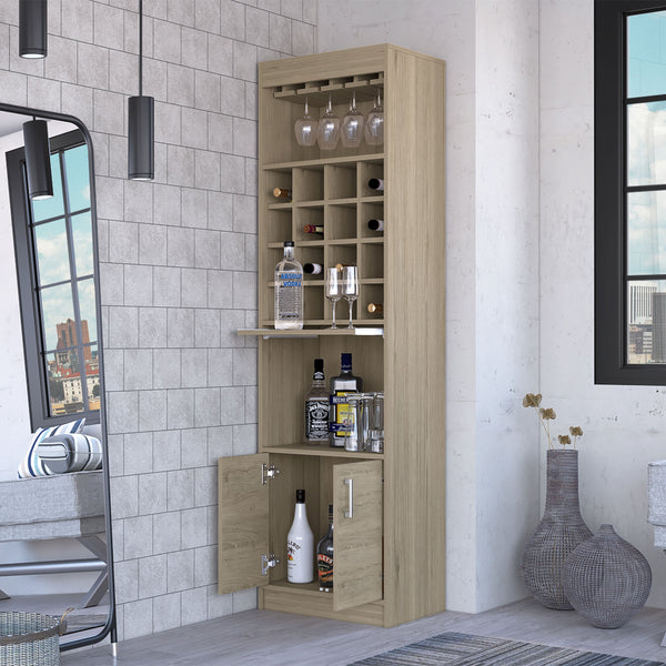 English Elm Light Pine Adjustable 16-Bottle Bar Cabinet with Glass Rack, Open Shelves & Spacious Entertaining Storage B062S00068