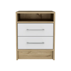 English Elm White 2-Drawer 1-Shelf Nightstand in Light Oak and White — Contemporary Rectangular Accent Table for Bedrooms, Small Spaces, Storage and Display (19.9"H) B06280358
