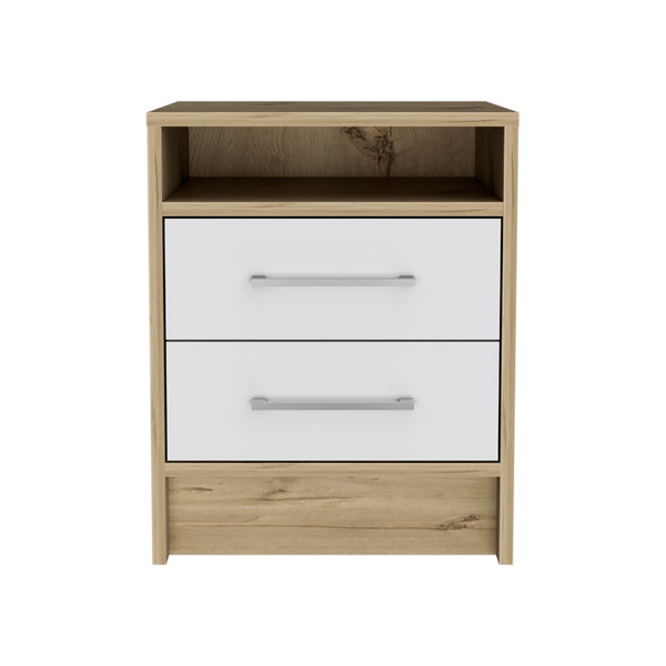 English Elm White 2-Drawer 1-Shelf Nightstand in Light Oak and White — Contemporary Rectangular Accent Table for Bedrooms, Small Spaces, Storage and Display (19.9"H) B06280358
