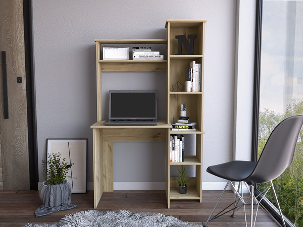 English Elm Light Oak 6-Shelf Writing Desk with Built-in Bookcase and Spacious Shelves, Sturdy Manufactured Wood Finish B06280289