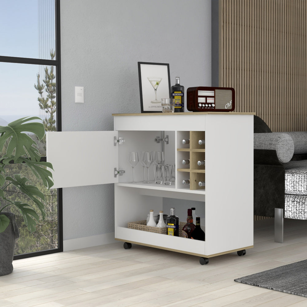 English Elm Pendleton Light Oak & White 6-Bottle Bar Cart with Shelf, Wine Cabinet, Countertop for Prep and Display B06280609