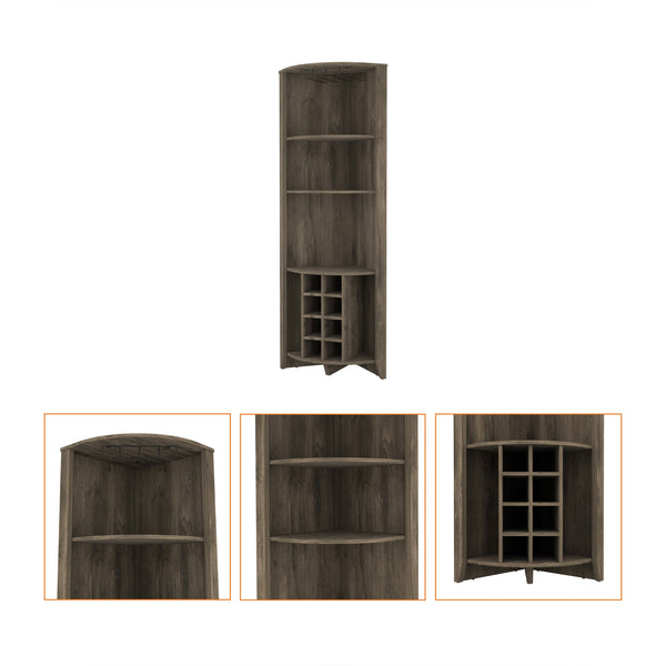 English Elm Morgana Corner Bar Cabinet with 8 Wine Cubbies, 5 Shelves & Cup Rack — Macadamia Finish Elegance Dark Brown B062S00019
