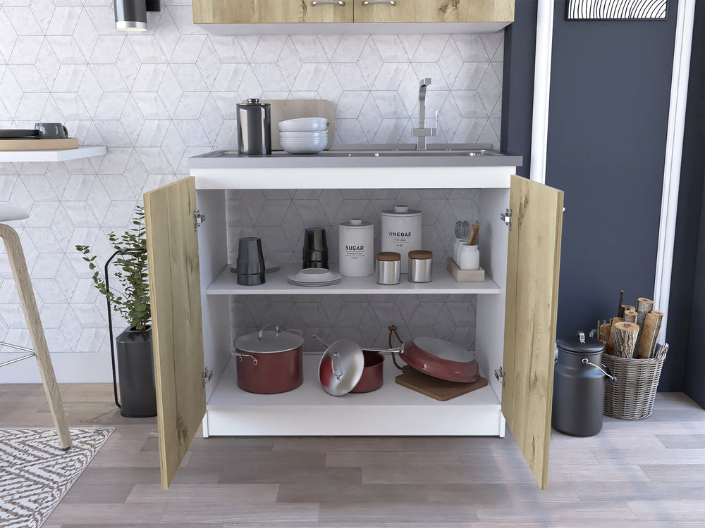 English Elm White White and Light Oak Rectangle 2-Door Utility Sink and Cabinet with Spacious Storage Workspace B062S00145