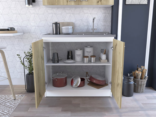 English Elm White White and Light Oak Rectangle 2-Door Utility Sink and Cabinet with Spacious Storage Workspace B062S00145