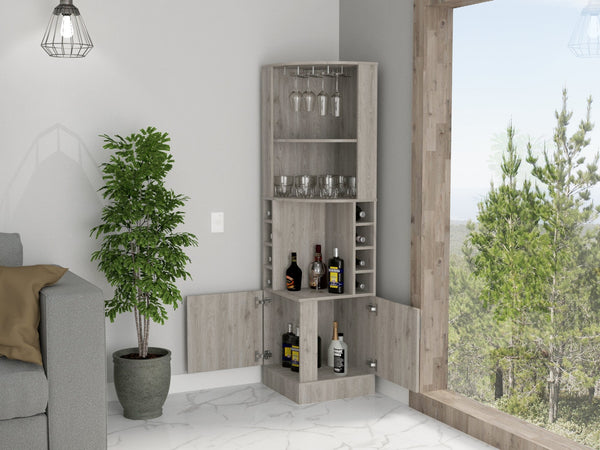 English Elm Light Gray Bar Cabinet for 8 Bottles with Central Display Shelf and Concealed Storage, 71.1"H B062P202122