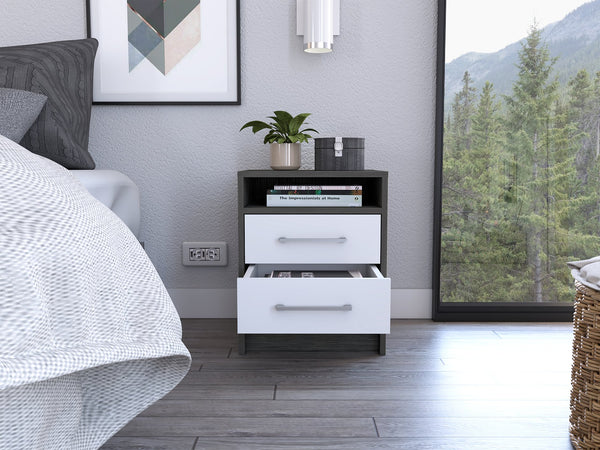 English Elm Smokey 2-Drawer Nightstand in Oak & White Finish with 1 Shelf — Compact Rectangular Storage Accent B06280355