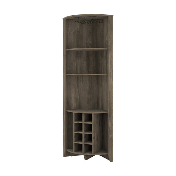 English Elm Morgana Corner Bar Cabinet with 8 Wine Cubbies, 5 Shelves & Cup Rack — Macadamia Finish Elegance Dark Brown B062S00019
