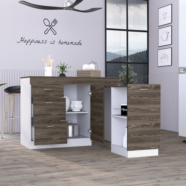 English Elm Laurel 3-Drawer Convertible L-Shaped Kitchen Island in White & Dark Walnut — Durable Hardware, Ample Storage and Spacious Countertop Design B062S00066