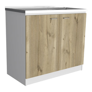 English Elm White White and Light Oak Rectangle 2-Door Utility Sink and Cabinet with Spacious Storage Workspace B062S00145