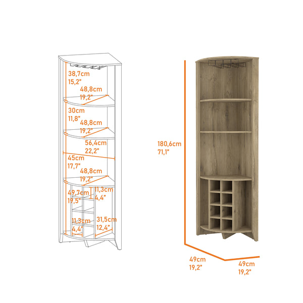 English Elm Morgana Corner Bar Cabinet with 8 Wine Cubbies, 5 Shelves & Cup Rack — Macadamia Finish Elegance Beige B062S00018
