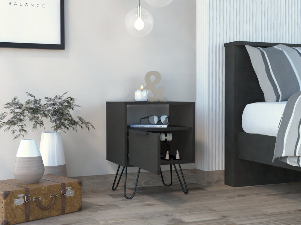 English Elm Wenge Hairpin Leg Nightstand with Drawer and Shelf — Modern Industrial Accent Table for Bedroom Storage B06280479