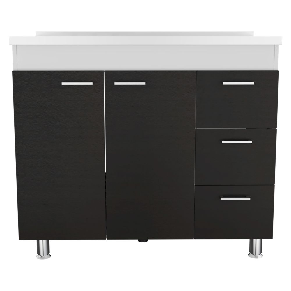 English Elm 3-Drawer White and Wengue Base Cabinet with Pre-Drilled Faucet Hole, 3 Drawers & 2 Doors, 39.37" wide B062S00040